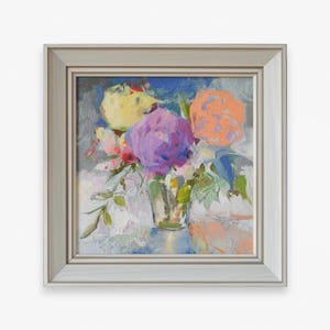 Original framed oil painting. By Ukrainian artist K. Biletina. Impressionist small size colorful peonies Still Life. Fine art One of a kind