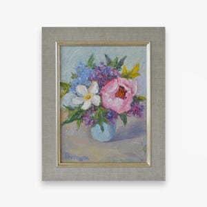 Original textured oil painting. By Ukrainian artist M. Presnyak. Framed impressionist cute spring flowers Still Life Fine art One of a kind