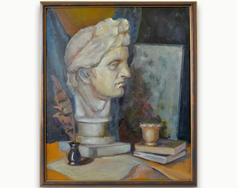 Vintage Big Size original oil painting. By Ukrainian Soviet artist. Framed textured Still life with classical plaster bust, books and quill