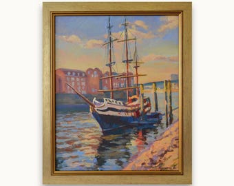 Original large acrylic painting. By Ukrainian artist A. Kulagina. Impressionist framed sunset harbor with sailboat landscape. One of a kind