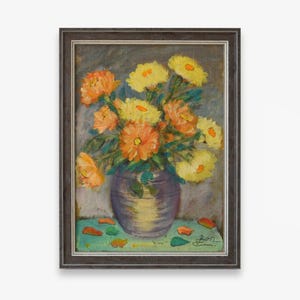 Vintage vertical oil painting. By European artist. Impressionist framed textured chrysanthemum bouquet Still Life. Fine art. One of a kind