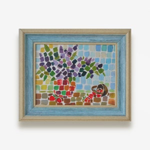 Pintura al óleo original antigua. Del artista ucraniano soviético. Naturaleza muerta con flores de color lila, de estilo puntillista, enmarcada en tamaño pequeño. Bellas artes. Única en su tipo.