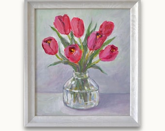Dipinto a olio originale. Dell'artista ucraino M. Presnyak. Tulipani rosa impressionisti incorniciati in un vaso di vetro. Natura morta. Belle arti. Pezzo unico.