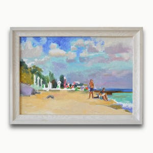 Pintura a óleo texturizada original. Do artista soviético ucraniano O. Tkachenko. Paisagem marinha impressionista colorida de verão. Belas artes. Única.