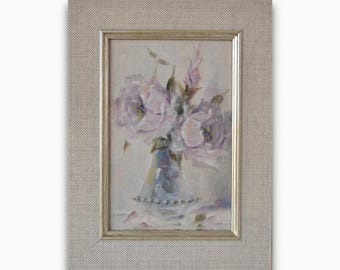 Original framed oil painting. By Ukrainian Soviet artist. Miniature floral artwork. Delicate purple roses in vase. Small flowers Still life.