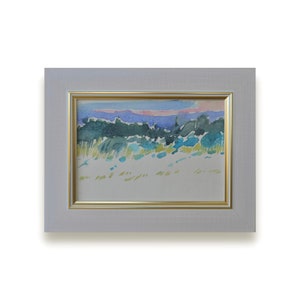 Acuarela original del artista ucraniano O. Boyko. Paisaje abstracto y minimalista de atardecer púrpura enmarcado. Obra de arte. Única.