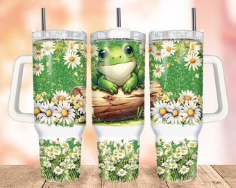 Daisies Frog 40 Oz Quencher Tumbler, Cute Frog 40Oz Tumbler PNG, Daisy Frog Tumbler Wrap, Watercolour Daisy Tumbler Wrap Design Sublimation