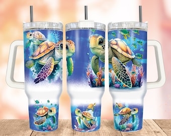 Turtles Tumbler Wrap, Coral 40oz Quencher Tumbler Wrap PNG, Ocean Watercolour Tumbler with Handle Warp Design Sublimation