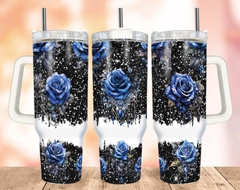 Blue Rose 40oz Quencher Tumbler Wrap PNG, Rose Flowers Tumbler Wrap, Black Glitter Tumbler with Handle Warp Design Sublimation