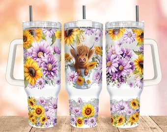 Baby Highland Cow 40 Oz Tumbler Wrap PNG, 40oz  Sunflowers Quencher Tumbler, Purple Daisy Tumbler Wrap PNG, Sublimation Designs for Tumblers
