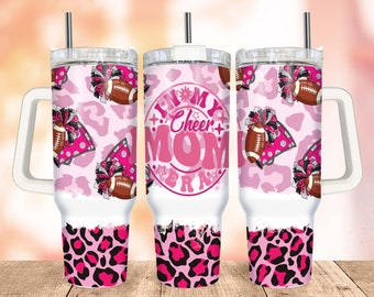 Gift for Mom 40oz Quencher Tumbler Wrap PNG, Cheer Mom Tumbler Wrap, Pink Leopard Tumbler with Handle Warp Design Sublimation