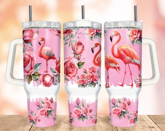 Flamingo Tumbler Wrap PNG, Roses Flowers 40oz Quencher Tumbler, Seamless Pink Watercolour Print Design, Sublimation Designs for Tumblers