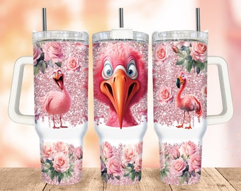 Flamingo 40oz Quencher Tumbler Wrap PNG, Rosas Rosas Flores Vaso de acuarela con mango Warp Design Sublimación