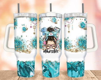 Gift for Nurse 40oz Quencher Tumbler Wrap PNG, Turquoise Roses PNG Tumbler Wrap, Nurse Life Tumbler with Handle Warp Design Sublimation