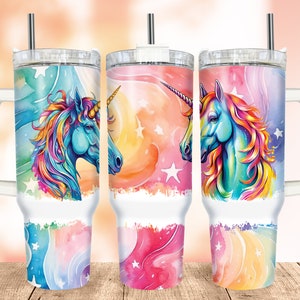 Rainbow Tumbler Wrap PNG, Unicorn 40 oz Quencher Tumbler, Seamless Watercolour Print Design Sublimation