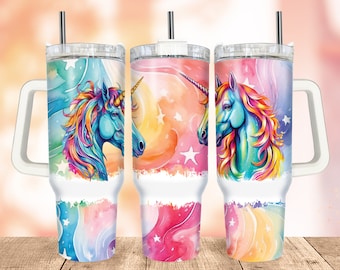 Rainbow Tumbler Wrap PNG, Unicorn 40 oz Quencher Tumbler, Seamless Watercolour Print Design Sublimation