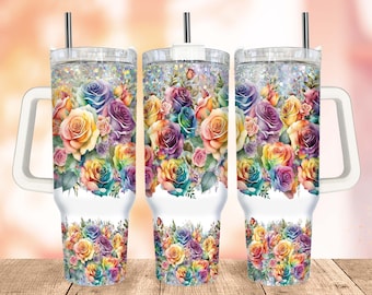Rainbow Roses Tumbler Wrap PNG, Blossom 40 oz Quencher Tumbler, Gifts for Mother Tumbler Wrap, Silver Glitter Print Design Sublimation