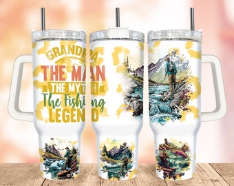 Pesca 40oz Quencher Tumbler Wrap, Abuelo El Hombre El Mito La Leyenda de la Pesca Vaso PNG, Vaso de Sublimación de Pescador con Envoltura de Mango