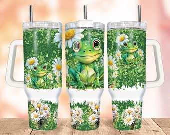 Cute Frog Tumbler Wrap, Daisy 40oz Quencher Tumbler, Seamless Glitter Print Design, Sublimation Designs for Tumblers