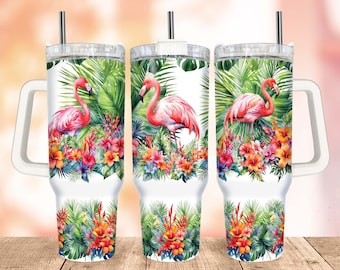Flamingo 40oz Quencher Tumbler Wrap PNG, Hibiscus Tumbler Wrap PNG, Tropical Flowers Tumbler with Handle Warp Design Sublimation