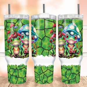 Mushroom Frogs 40 oz Tumbler PNG, Cute Frog Quencher Wrap, Seamless Green Print Design, Sublimation Designs for Tumblers