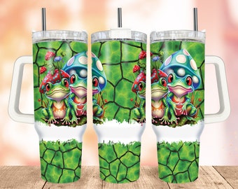 Mushroom Frogs 40 oz Tumbler PNG, Cute Frog Quencher Wrap, Seamless Green Print Design, Sublimation Designs for Tumblers