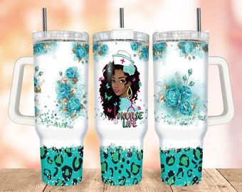 Nurse Life 40oz Quencher Tumbler Wrap PNG, Seamless Green Leopard Print Design, Turquoise Rose Tumbler with Handle Warp Design Sublimation