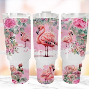 Baby Flamingo 40 Unzen Quencher Tumbler Wrap PNG, Rose Blumen Aquarell Becher mit Griff Warp Design Sublimation
