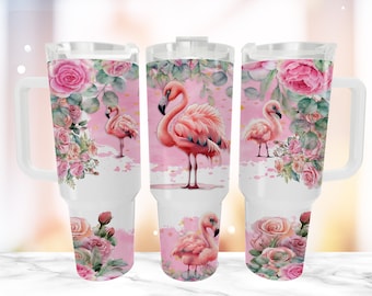 Baby Flamingo 40oz Quencher Tumbler Wrap PNG, Rose Flowers Watercolour Tumbler with Handle Warp Design Sublimation