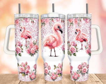 Baby Flamingo 40oz Quencher Tumbler Wrap PNG, Blossom tumbler Wrap, Pink Glitter Sublimation Designs for Tumblers