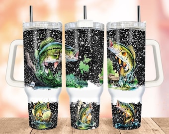 Bass Fishing 40oz Tumbler Wrap PNG, Gift for Fathers Day Quencher Tumbler, Black Glitter Sublimation Tumbler with Handle Wrap