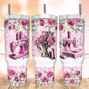 Sewing Machine 40Oz Quencher Tumbler, Rose Flowers 40 Oz Sublimation Design, Pink Glitter 40 Oz Tumbler Wrap, Digital Download PNG
