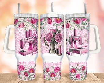 Sewing Machine 40Oz Quencher Tumbler, Rose Flowers 40 Oz Sublimation Design, Pink Glitter 40 Oz Tumbler Wrap, Digital Download PNG