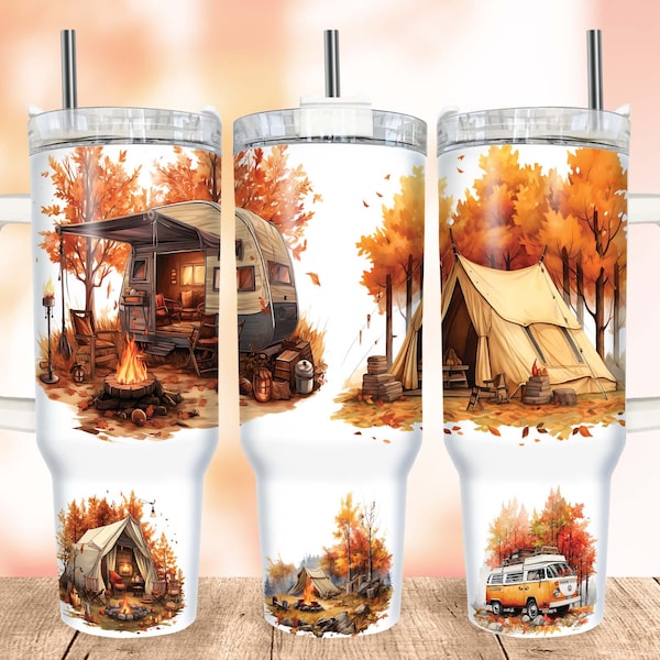 Adventure Camper 40oz Tumbler Wrap PNG, Car Camping Quencher Tumbler, Camping Tent Tumbler Wrap, Autumn Sublimation Tumbler with Handle Wrap