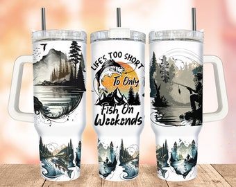 Fishing Dad 40oz Tumbler Wrap PNG, Fisherman Quencher Tumbler Wrap Design Sublimation, Catching Fish Sublimation Tumbler with Handle Wrap