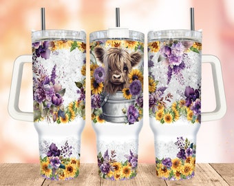 Baby Highland Cow In a Bucket Tumbler Wrap, 40oz Floral Quencher Tumbler, Sublimation Designs for Tumblers