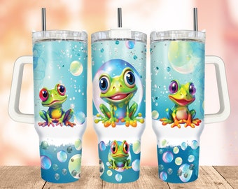 Frog with Bubbles 40oz Quencher Tumbler Wrap PNG, Cute Frog Tumbler Wrap PNG, Blue Sparkle Tumbler with Handle Wrap Design Sublimation