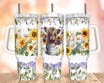 Highland Cow In a Bucket Tumbler Wrap PNG, 40oz Sunflowers Quencher Tumbler, White Daisy Tumbler Wrap PNG, Sublimation Designs for Tumblers