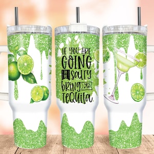 Tequila 40oz Quencher Tumbler Wrap PNG, Lime Green Glitter Tumbler with Handle Warp Design Sublimation
