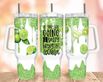 Tequila 40oz Quencher Tumbler Wrap PNG, Lime Green Glitter Tumbler with Handle Warp Design Sublimation