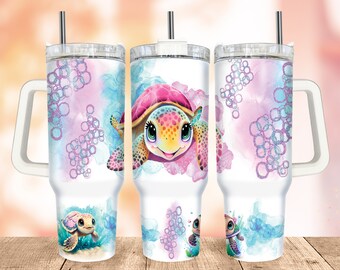 Cute Sea Turtle 40oz Quencher Tumbler Wrap PNG, Bubbles Tumbler Wrap PNG, Under Sea Watercolour Tumbler with Handle Warp Design Sublimation