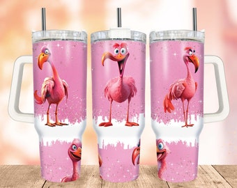 Cute Flamingo Tumbler Wrap PNG, Flamingo 40oz Quencher Tumbler, Pink Watercolour Tumbler with Handle Warp Design Sublimation