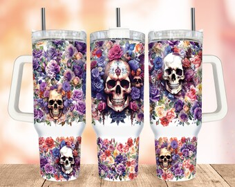 Skull Flowers Tumbler Wrap PNG, Blossoms 40oz Quencher Tumbler, Halloween Floral Tumbler Wrap PNG, Sublimation Designs for Tumblers