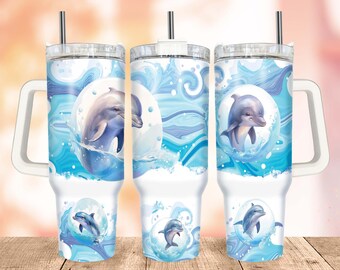 Dolphin Life 40oz Tumbler Wrap PNG, Ocean Wave Quencher Tumbler, Sea Life Sublimation Tumbler with Handle Wrap