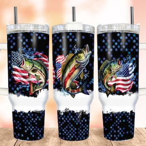 Gift for Dad 40oz Tumbler Wrap PNG, Bass Fishing Quencher Tumbler PNG, American Flag Quencher, Seamless Sublimation Tumbler with Handle Wrap