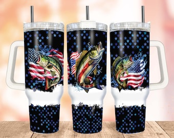 Gift for Dad 40oz Tumbler Wrap PNG, Bass Fishing Quencher Tumbler PNG, American Flag Quencher, Seamless Sublimation Tumbler with Handle Wrap