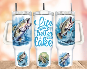 Bass Fishing 40oz Tumbler Wrap PNG, Life is better at the Lake PNG Tumbler Design Sublimation, Fishing Sublimation Tumbler with Handle Wrap