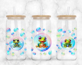 Frog Bubbles Can Glass Wrap PNG: 16oz Libbey Sublimation (Digital Download)