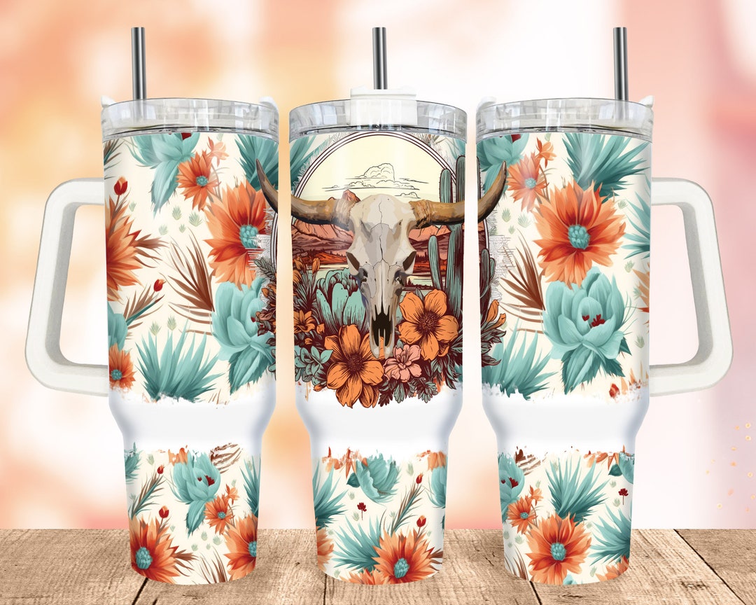 Boho 40 Oz Tumbler Wrap PNG, Western Quencher Tumbler Wrap, Cow Skull ...