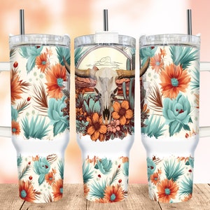 Boho 40 oz Tumbler Wrap PNG, Western Quencher Tumbler Wrap, Cow Skull Tumbler Wrap, Watercolour Tumbler with Handle Wrap Design Sublimation